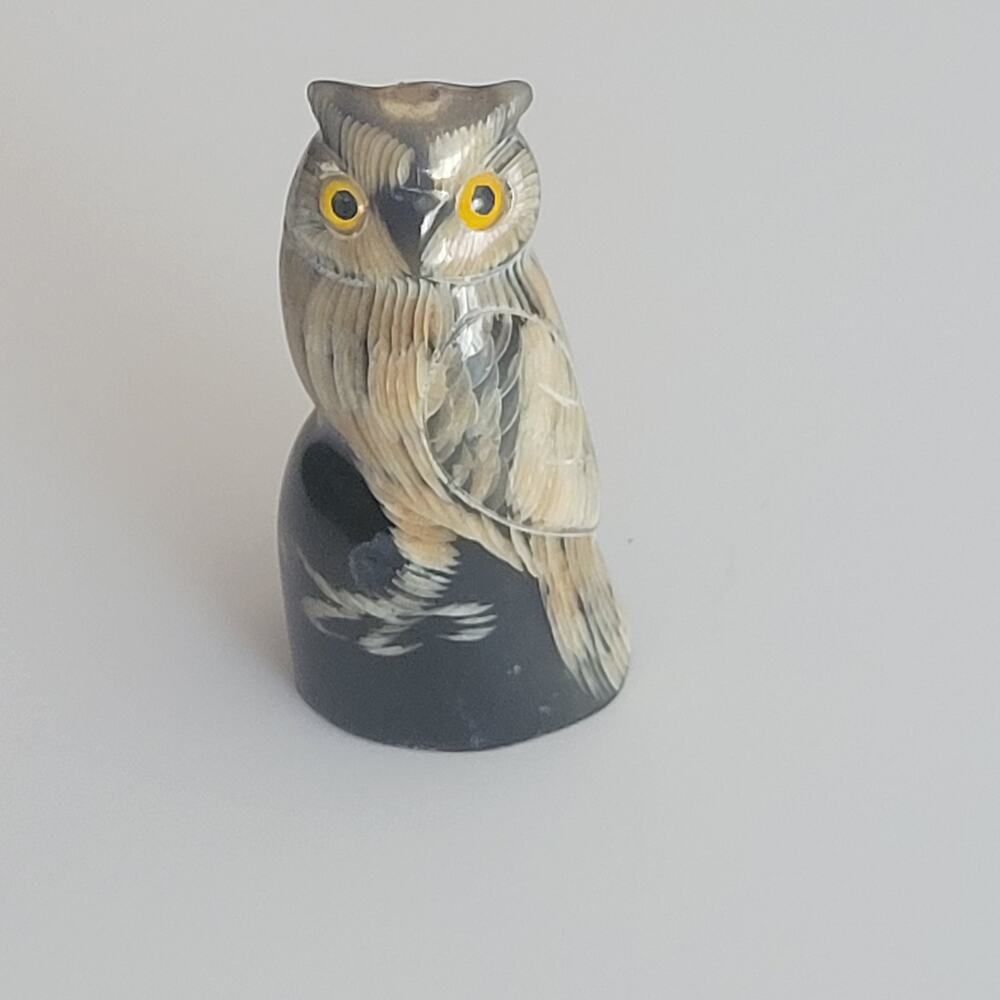 Vintage Carved Water Buffalo Horn Owl Figurine Sculpture 2.75" tall